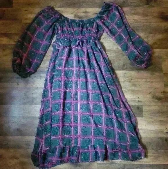 Aureum Elemental Textured Chiffon Smocked Puff longsleeve Dress Size Small - Picture 11 of 11